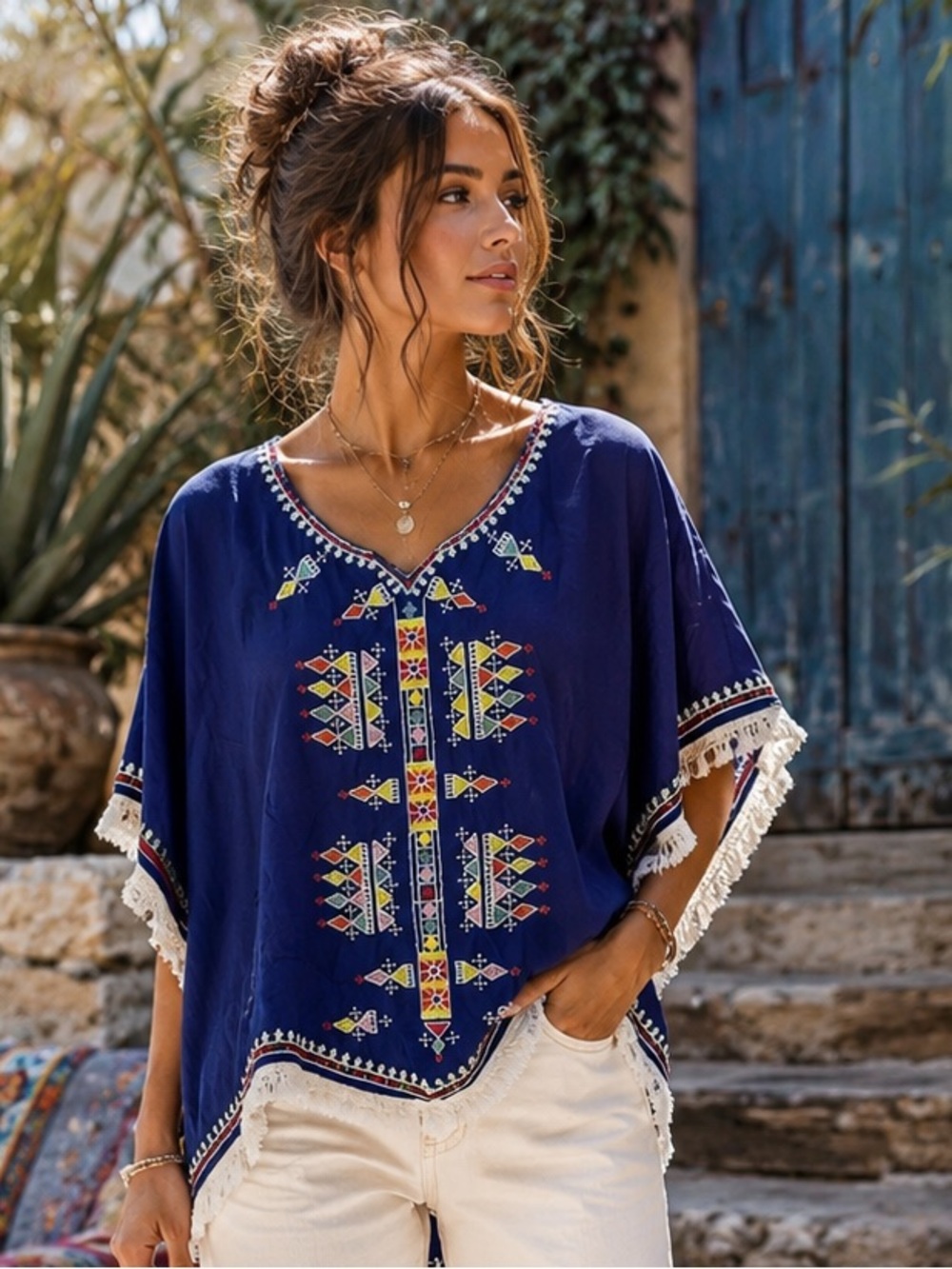 Blue Embroidered V-Neck Women's Top